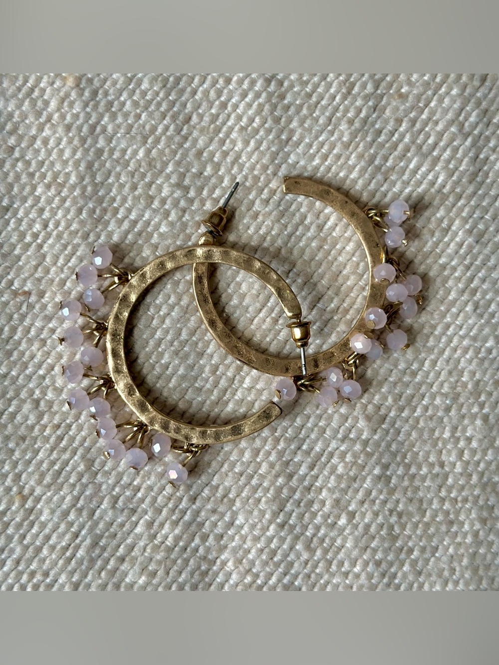 Gold Tone Half-Hoop Earrings with Pale Pink Bead Fringe